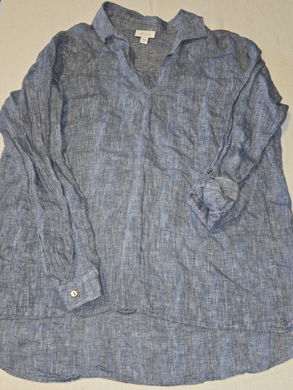 J. Jill Love Linen Chambray Tunic Shirt Medium Vneck Roll Up Tab Sleeve Collared